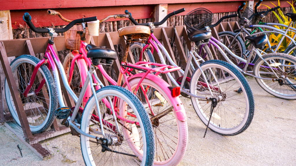 pink-and-purple-bikes-lined-up-at-caye-caulker-resort