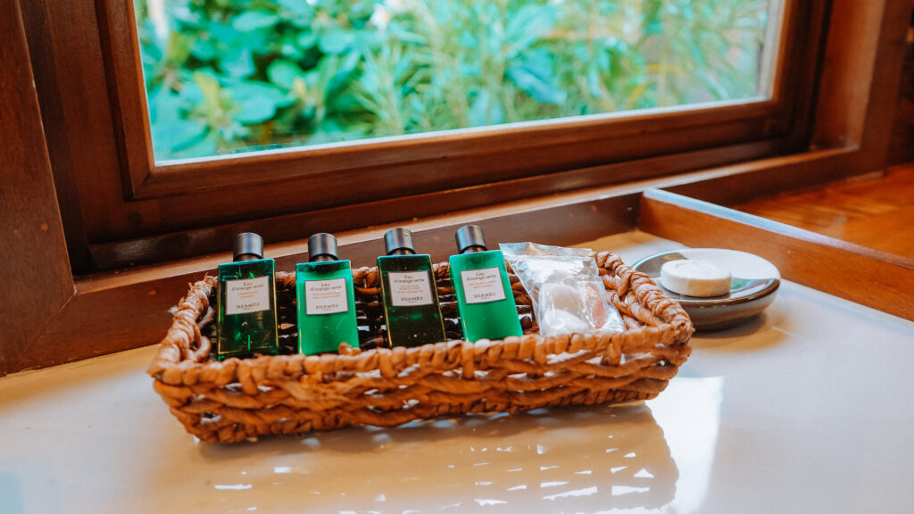 Hermes-toiletries-in-basket-on-counter-at-el-ben-cabanas-belize-hotel