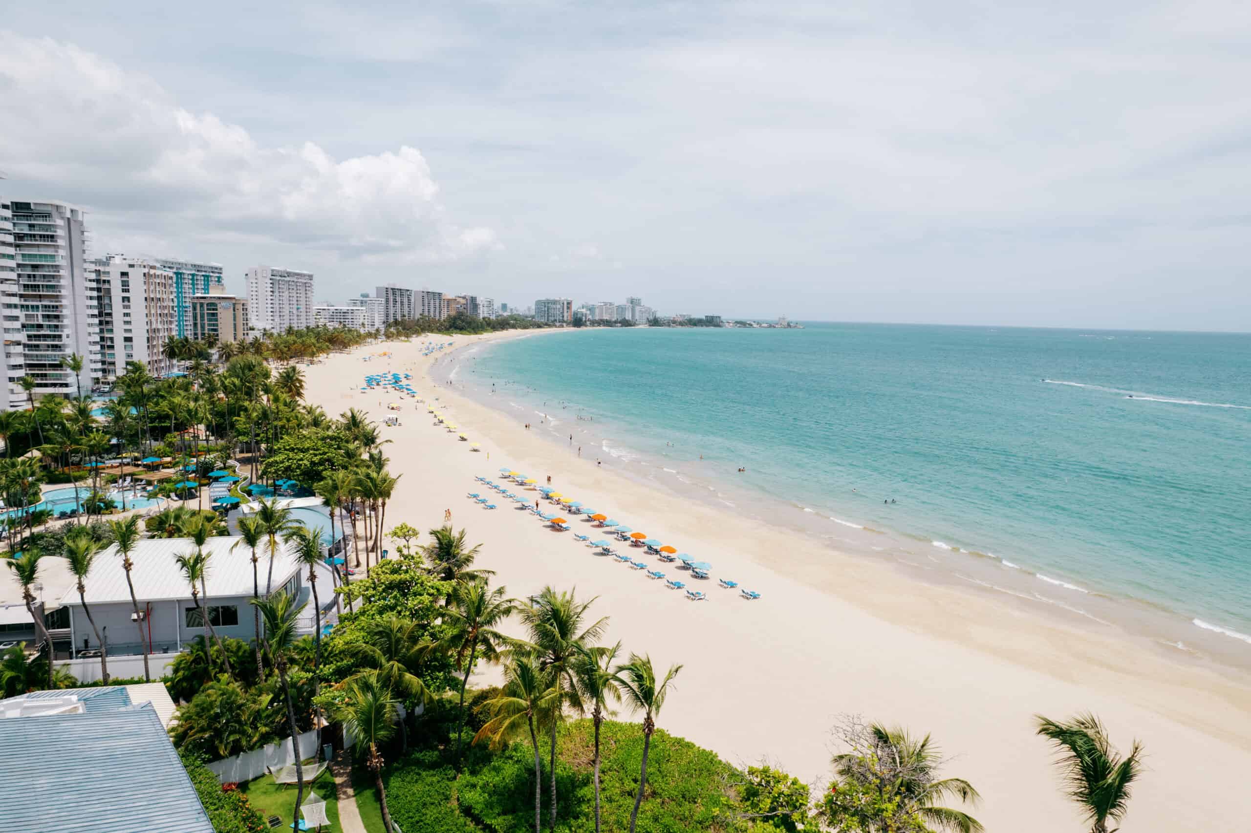 An overhead shot with palm trees in the foreground looking over a beach with brightly colored umbrellas in the sand along a bright turquoise ocean with a city in the background