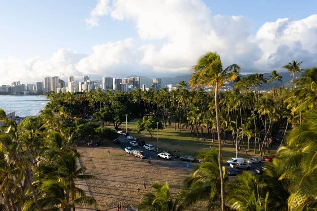 An aerial view looking towards Waikiki over Kapiʻolani Regional Park