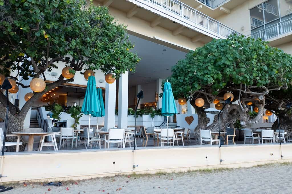 A restaurant with seating, umbrellas, and trees sitting along a beach