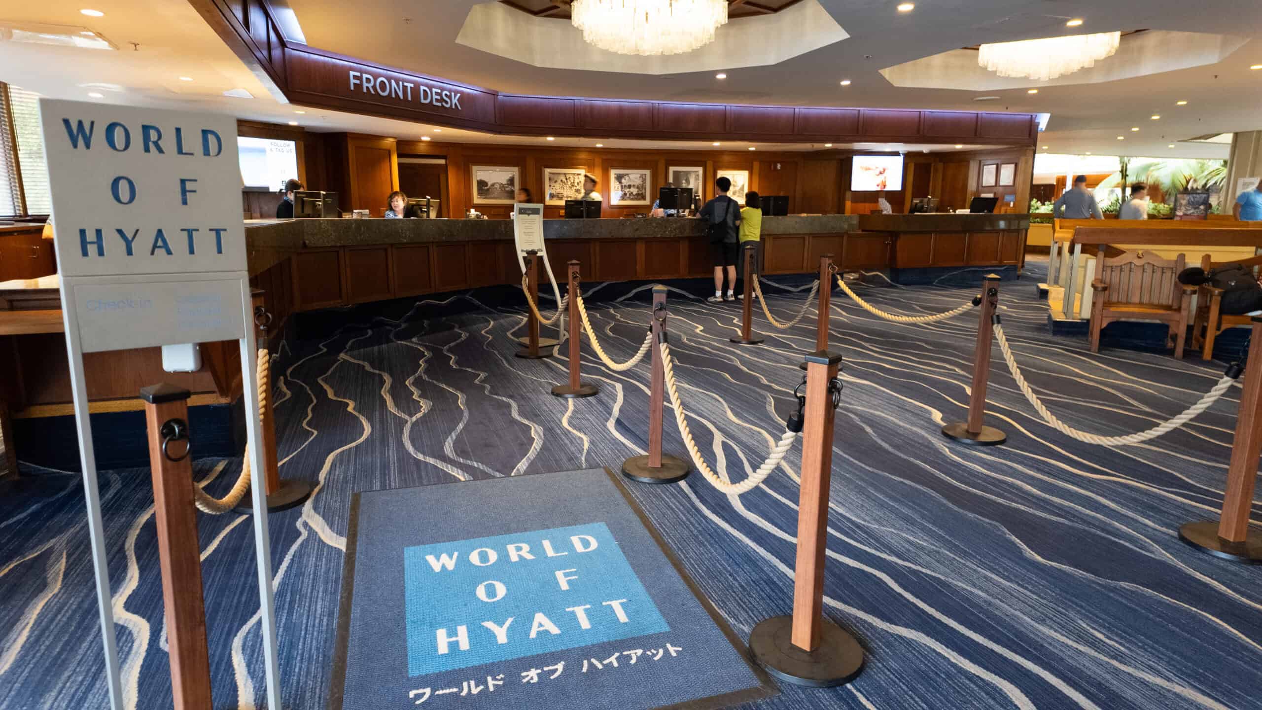 The check in at the Hyatt Regency Waikiki Beach Resort & Spa lobby with a separate World of Hyatt line