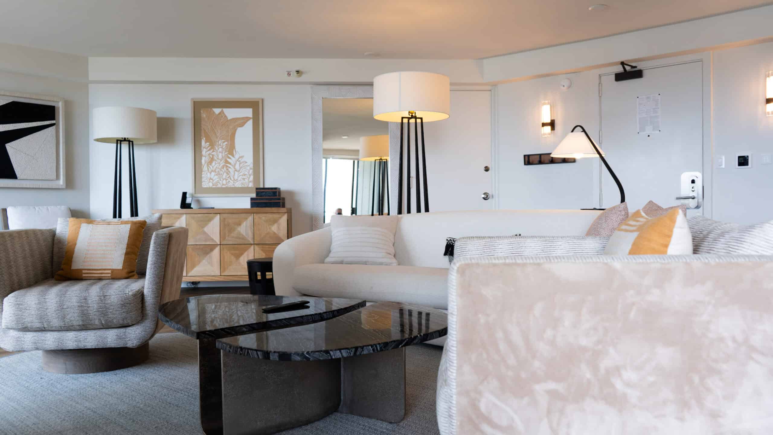 A view of the living space in a Hyatt Regency Waikiki suite