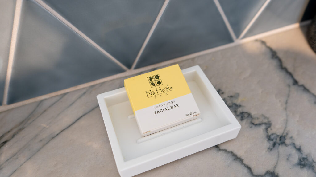A coco mango hand soap from the Na Ho’ola Spa in yellow and white packaging