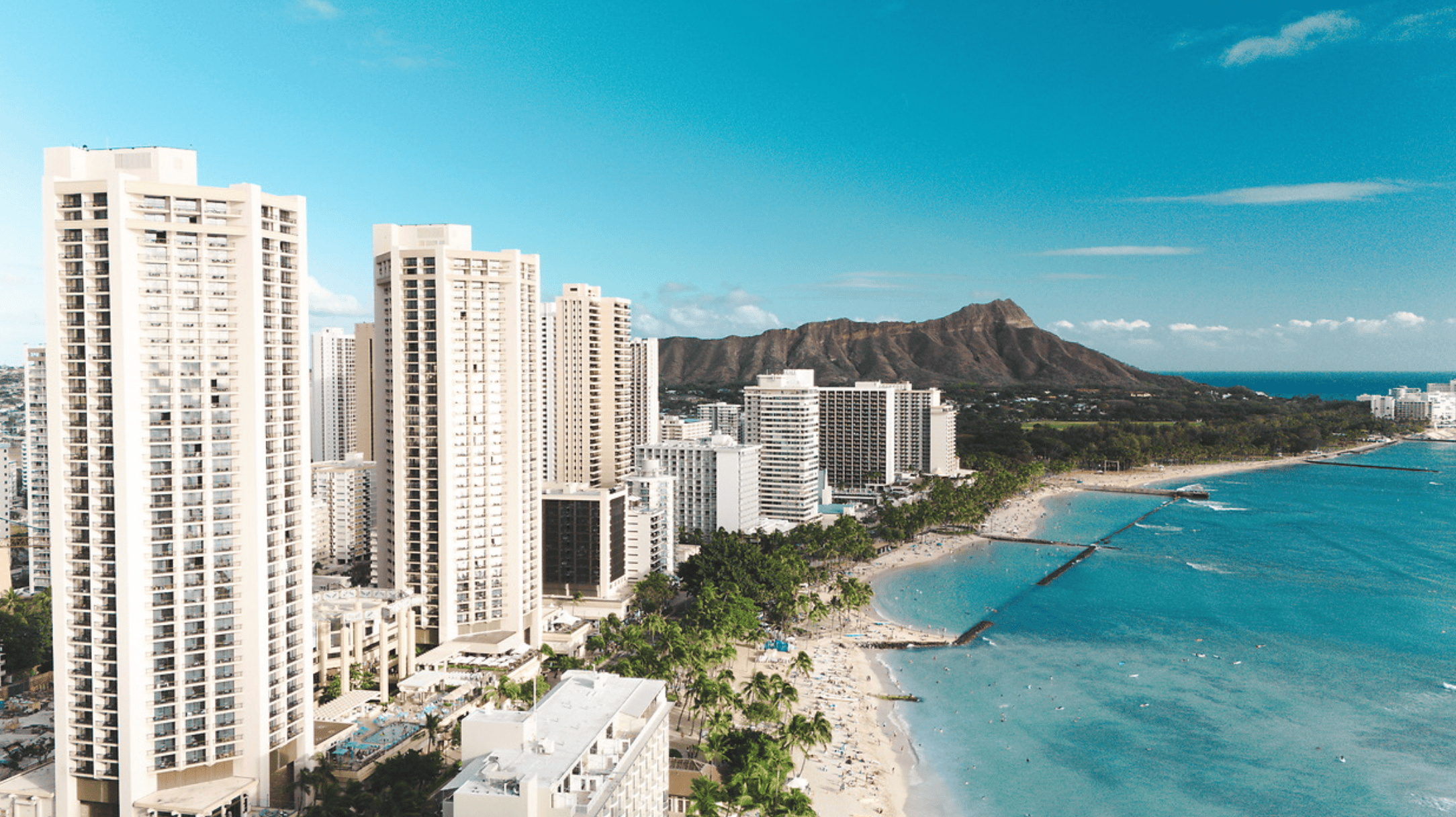 Waikiki Beach lined with hotels looking towards Diamond Head