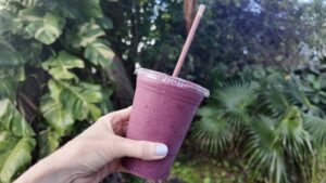 A pink berry almond butter smoothie in front of tropical plants in St. Thomas