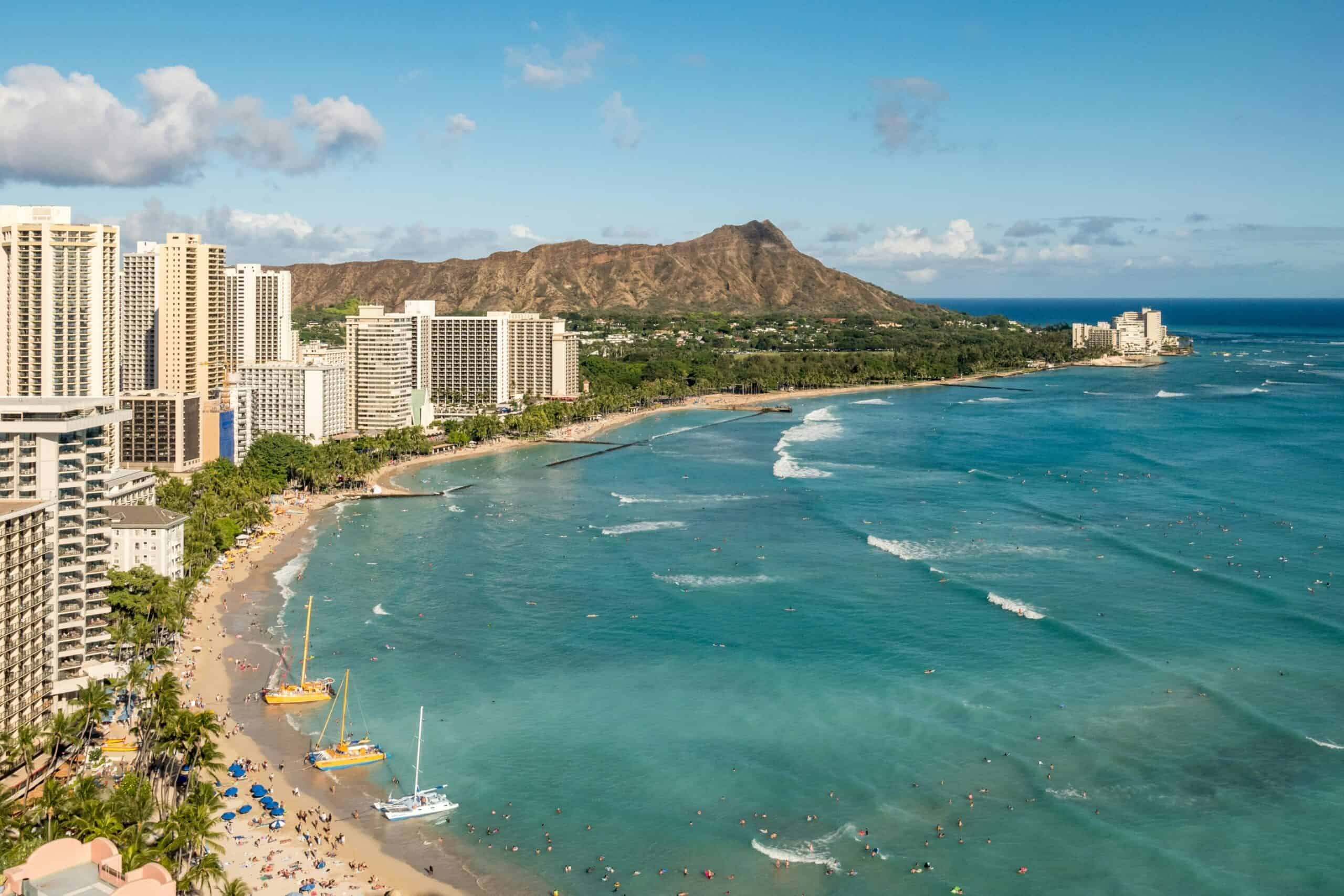 A view of Waikiki Beach looking towards Diamond Head