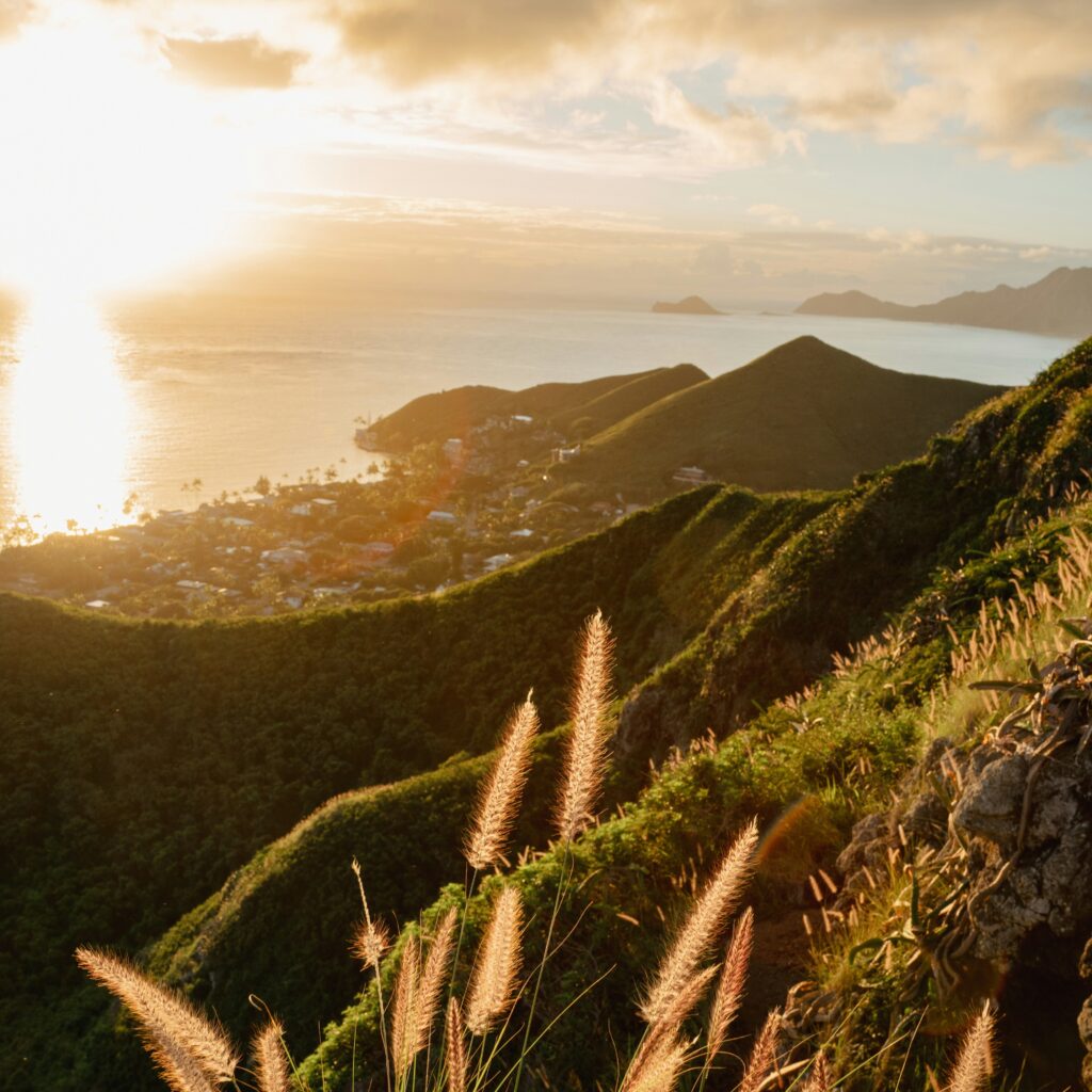 The sun rising over Lanikai Beach from the Pillbox trail