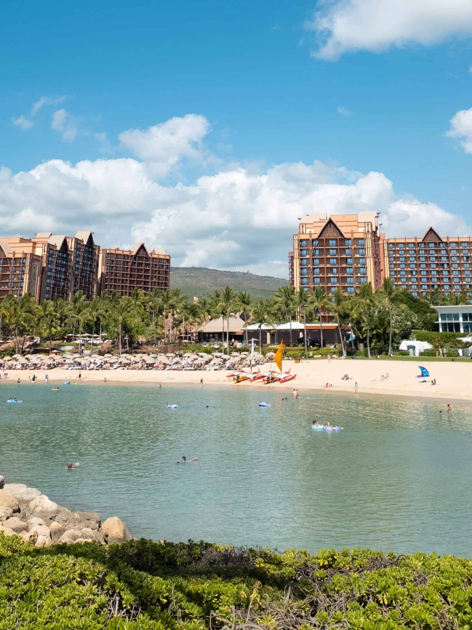 Aulani Disney Resort in the background of the first Ko Olina lagoon