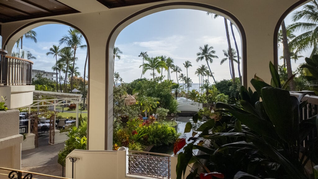 The panoramic view at Fairmont Kea Lani in Maui, looking out to the pools, tropical landscaping and ocean