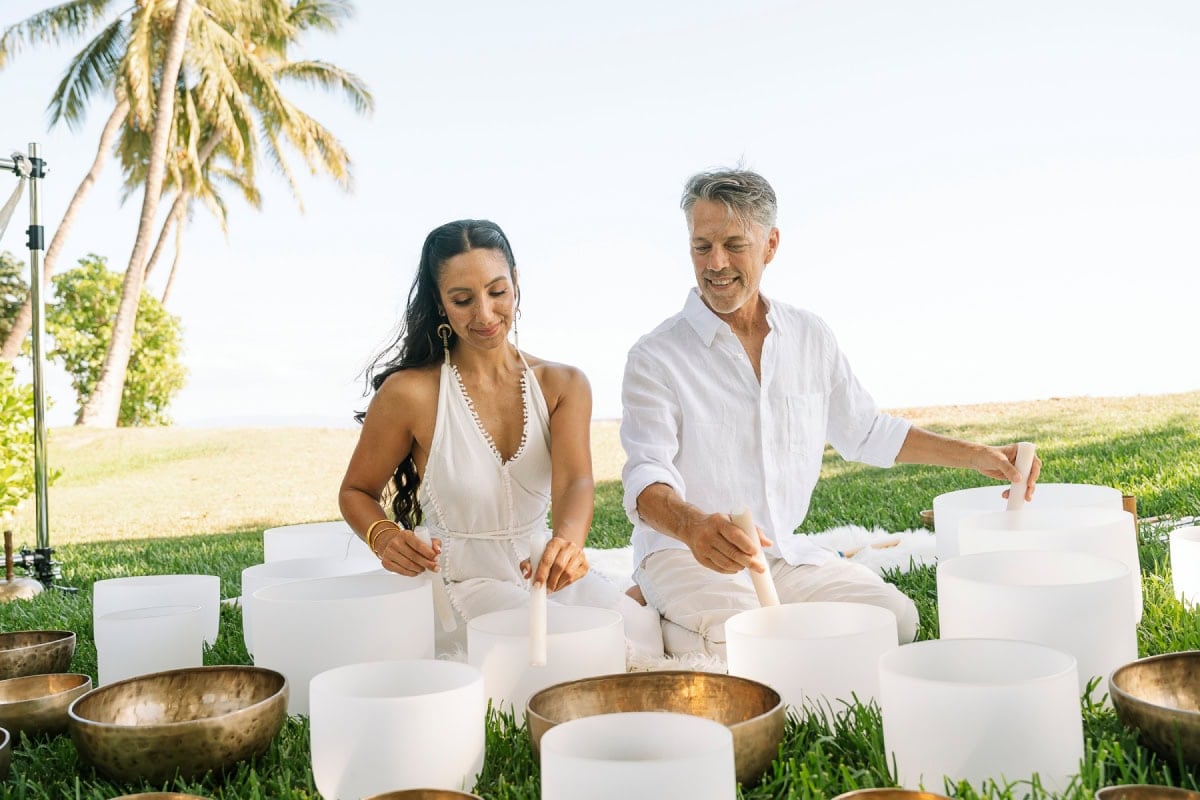 Christina and Paul of Shanti Sound Healing at an outdoor sound bath in Maui