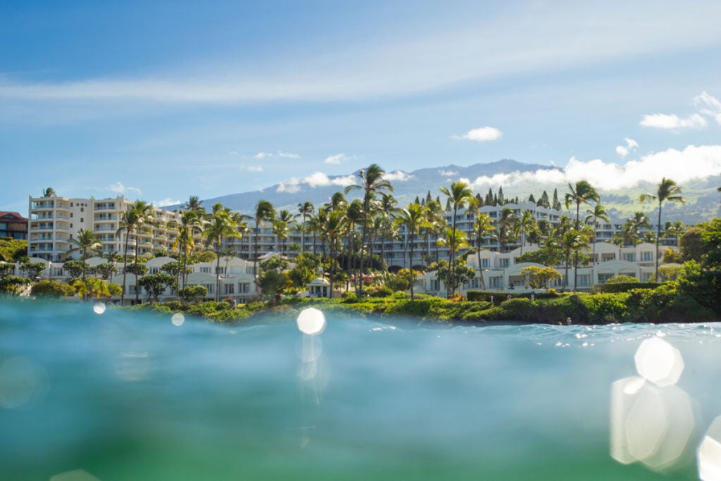 An ocean shot, looking towards Fairmont Kea Lani in South Maui with the ocean in the foreground.