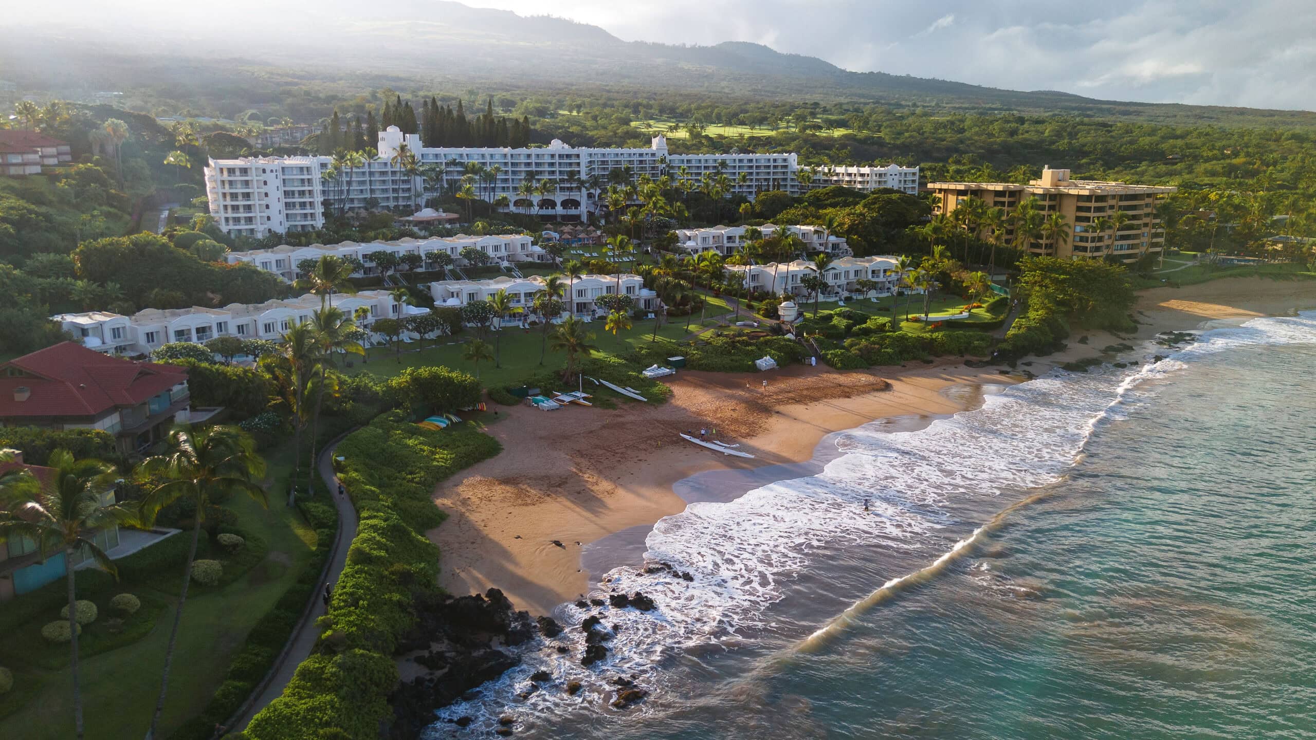 An aerial view of the Fairmont Kea Lani Maui tucked away along Polo Beach